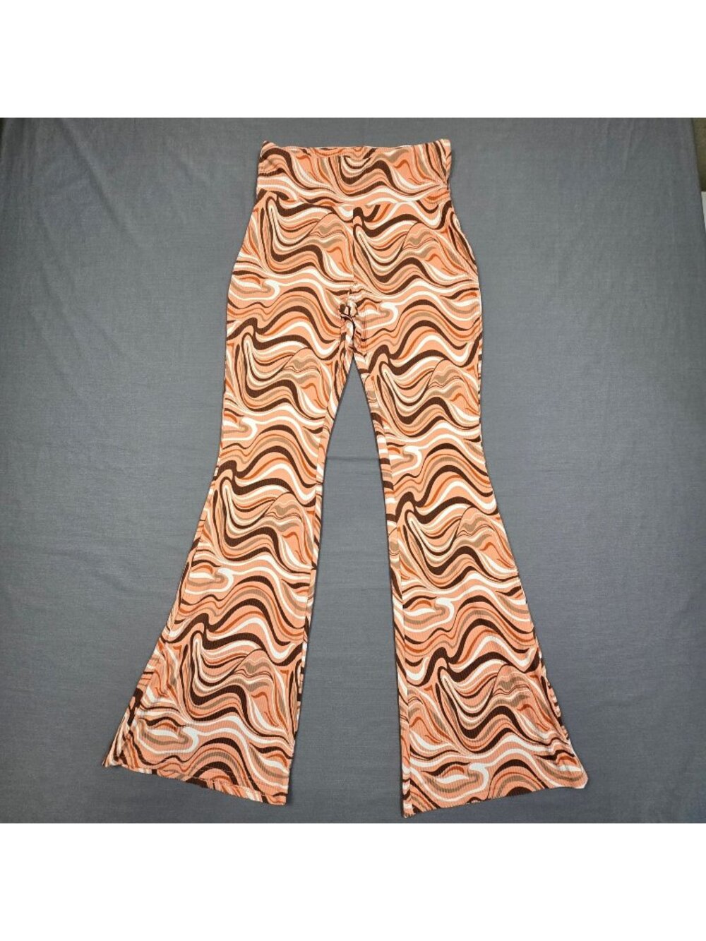 Planet Gold S Boho Flare Pants Salmon Brown Swirl Festival High Waist Stretchy